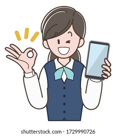 A woman in a uniform holding a smartphone, and doing OK sign