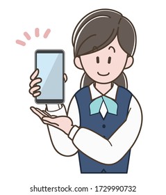 A woman in a uniform holding a smartphone, and to guide