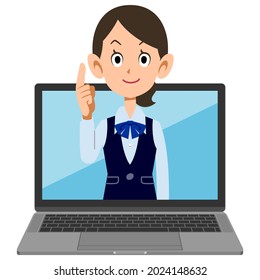 A woman in uniform and a laptop explaining online