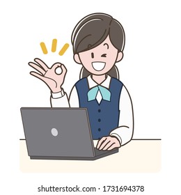 A woman in a uniform operating a PC while doing OK sign