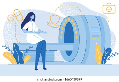 Woman in Uniform Sitting on MRI Equipment Flat Cartoon Vector Illustration. Magnetic Resonance Imaging Technology. Doctor Specialized on Tomography. Pills , Stethoscope, First Aid Kit Icons.