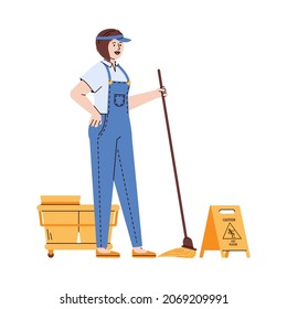 Woman in uniform stands near caution sign and cleaning cart and holds a mop in her hand. Cleaning service staff. Line cartoon vector illustration isolated on a white background.