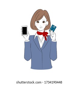 A woman in a uniform with a troubled face smartphone and cash card
