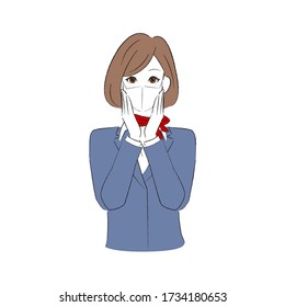 A woman in a uniform wearing a mask and putting her hands on her cheeks