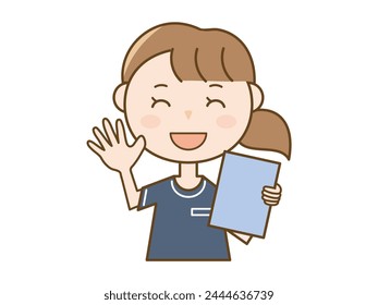 A woman in uniform who greets with a smile and holds a file_Beauty staff_Aesthetician
