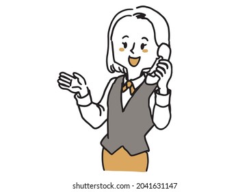A woman in uniform who is guiding while holding a telephone handset