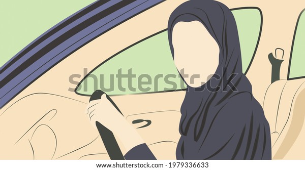 Woman from the united arab emirates in a black veil\
driving a car