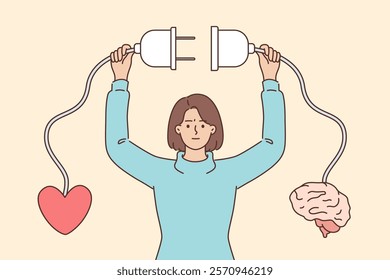 Woman unites reason and emotions using wire connected to heart and brain to achieve life harmony. Serious girl tries receive harmony in life to avoid rash decisions or emotional actions