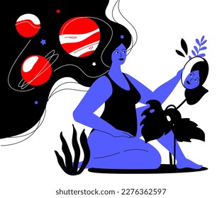 Woman as the universe - colorful flat design style illustration with linear elements. Red and blue colored composition with girl looking in the mirror, planets and stars are in her hair. Beauty