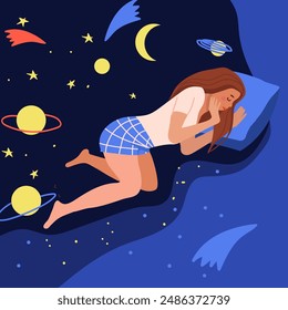 Woman universe. Dream with magic stars moon planets night sky mystical galaxy head, abstract astrology concepts, woman sleeping bed, occult wishes vector illustration