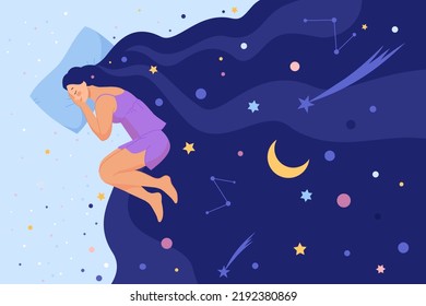 Woman Universe In Hair. Dream Sleep With Magic Stars Moon Planets Night Sky Mystical Galaxy Head, Abstract Astrology Concept, Female Sleeping Bed, Occult Desire Vector Illustration