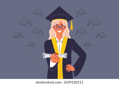 Una mujer graduada de la universidad tiene un certificado de educación superior, lo que permite construir una buena carrera. Chica en sombrero y vestido de graduado mira la pantalla con una sonrisa, mostrando su título de licenciatura