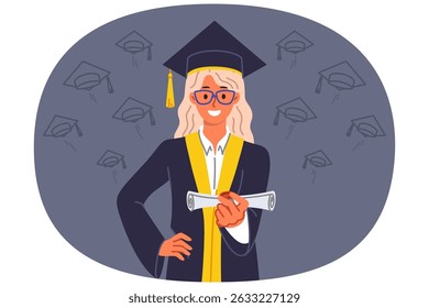 Woman university graduate holds certificate of higher education, allowing to build good career. Girl in graduate hat and gown looks at screen with smile, showing off bachelor degree