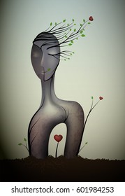 Woman Unknown Soul, Surrealistic Woman Statue, Woman In Love Idea, Woman In Love Icon Concept,  Surrealism, Vector