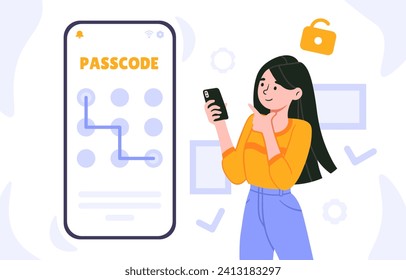 Mujer desbloquea la pantalla del teléfono. Protección de datos personales en smartphone. Muchacha tiene acceso al teléfono móvil. Contraseña para ocultar información en la pantalla táctil. Dibujo vectorial plano de dibujos animados