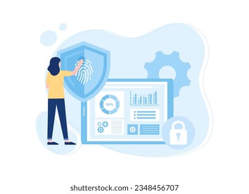 A woman unlocks locked data with a fingerprint trending concept flat illustration