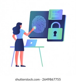 Woman unlocks secure system through fingerprint biometrics, representing digital security, authorization, and access control for privacy.