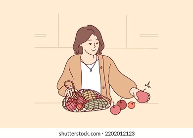 Woman unpacking bag with fresh fruits and vegetables. Smiling female shopping for organic products follow healthy nutrition diet. Vector illustration. 