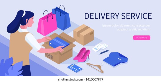 Woman unpacking box with parcel at home. Girl character opening package with online purchases. Order and delivery concept.  Flat isometric modern vector illustration.