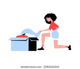 Woman Unpacking Clothes From A Box In Flat Vector Illustration Symbolizing Moving, Donation, Or Decluttering, Isolated On White Background