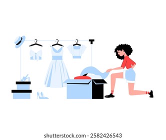 Woman Unpacking Fashion Items In Flat Vector Illustration Symbolizing Shopping, Clothing, And Online Fashion Haul, Isolated On White Background