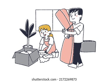 A woman unpacking and a man carrying a carpet People who bring luggage to a new house when moving or building a new house