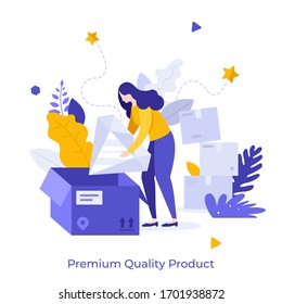 Woman unpacking parcel and taking giant diamond, jewel or gemstone out of box. Concept of premium quality product delivery, purchase of luxury good, vip customer bonus. Modern flat vector illustration