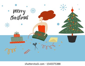 Woman unpacks or packs a Christmas gift box with red bow. New year background. Cartoon flat character. Vector hand drawn modern illustration. 