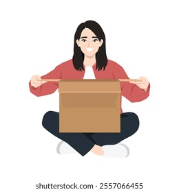 Woman unpacks the received package. Flat vector Character Illustration