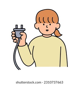 Woman unplugging power plug to save energy. Environment, Power and Saving Energy Concept. Cartoon Flat Vector illustration.