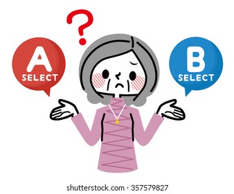 Woman unsure whether to select A or B. Elderly woman unsure which option to select.