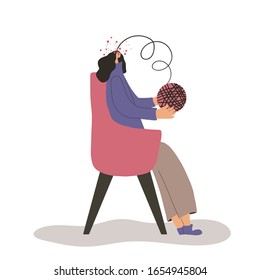 Woman untangle ball of thread of in her mind. Female character try to help herself with some mental issues. Girl self-reflecting on the causes and consequences of her actions. Vector illustration.