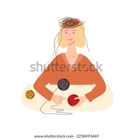 Woman untangle balls of thread of in her mind to transform her thinking and behavior. Self-reflecting, self development, or NLP concept. Vector illustration isolated on white.