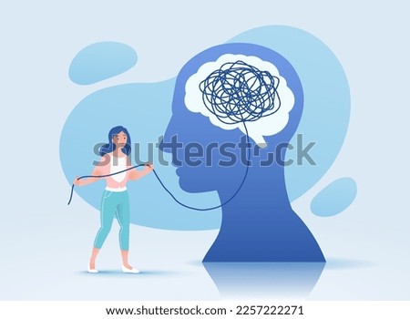 Woman unties a tangled brain. Vector illustration in a flat style. 商業照片 © 