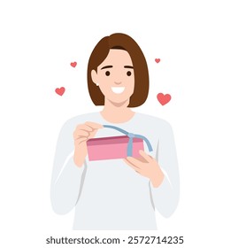 Woman Unwrapping Joy and Love. Flat vector illustration isolated on white background