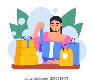 Woman unwraps gifts. Young girl open presents. Holiday and festival. Christmas and New Year, birthday. Party and event. Giftboxes with surprises. Flat vector illustration