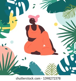 Woman in upavistha parivrttasana asana yoga position. Body positive plus size african american girl twists arms and legs in tropics.  Female in harmony with herself, mental, body health. Vector flat