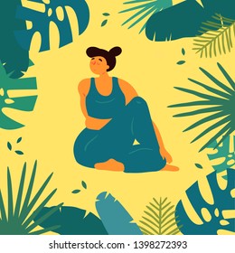 Woman in upavistha parivrttasana asana yoga position. Body positive plus size white girl twists arms and legs in tropics.  Female in harmony with herself, mental, body health. Vector flat