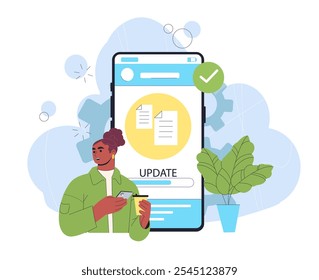 Archivo de Actualizar de mujer. Niña Descarga documentos en el teléfono inteligente. Actualizar del sistema operativo. Carga de documentos en almacenamiento electrónico, servicio en la nube. Ilustración vectorial plana aislada sobre fondo blanco