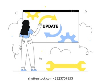 Woman updating application line concept. Young girl with gears downloads program or software. Modern technologies and digital world. Operating system update. Linear flat vector illustration