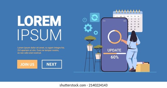 Woman Updating Operating System Update Process Install New Software On Smartphone Horizontal