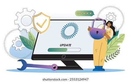 Mulher atualizando o sistema. Menina jovem perto de computador baixar atualização. Manutenção e correção. Instalação do sistema operacional. Ilustração de vetor plano isolada no plano de fundo branco