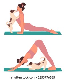 A woman in up-facing dog pose and a down-facing dog pose with her pet. Fun yoga with a Jack Russell Terrier dog