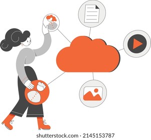 Woman Uploading Personal Data to Cloud Storage Great for websites, mobile applications, presentations.