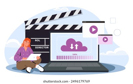 Video Mujer subiendo. Chica joven cerca de Cargar Video de portátiles al servicio en la nube. Video Producción de contenido de entretenimiento para redes sociales y hosting. Ilustración vectorial plana