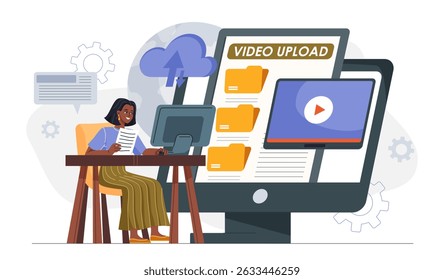 Woman uploading video. Young girl at computer uploading files to cloud service. Exchanging documents on internet. Blogger uploads content to video hosting. Flat vector illustration