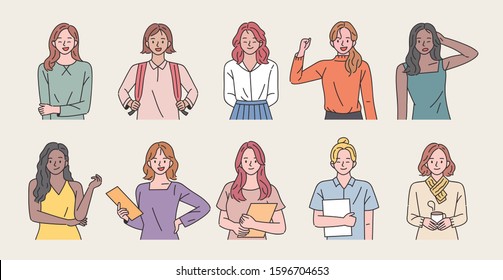 Woman upper body character set in various styles and gestures. hand drawn style vector design illustrations. 