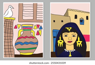 Woman from upper Egypt , Egyptian house, creative freehand composition in contemporary abstract style with colorful geometric elements. Tempura design for print, canvas, poster
