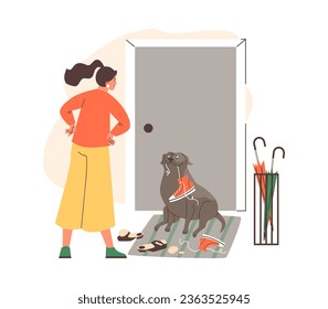 Una mujer disgustada por masticar perros traviesos, romper zapatos. El mal comportamiento canino daña las cosas en casa. Vector de caricatura ilustración aislada en el pasillo cerca de la puerta y estantes con paraguas