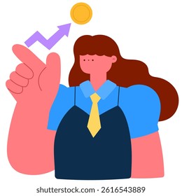 Woman with upward arrow and golden coin, financial growth and investment success flat vector illustration